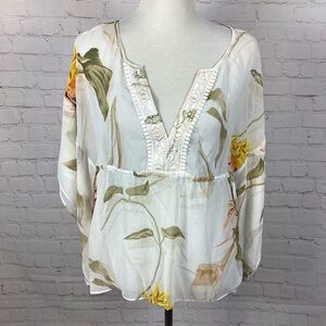 White House Black Market Sheer V-Neck White Floral Blouse Loose Fit Top  Small
